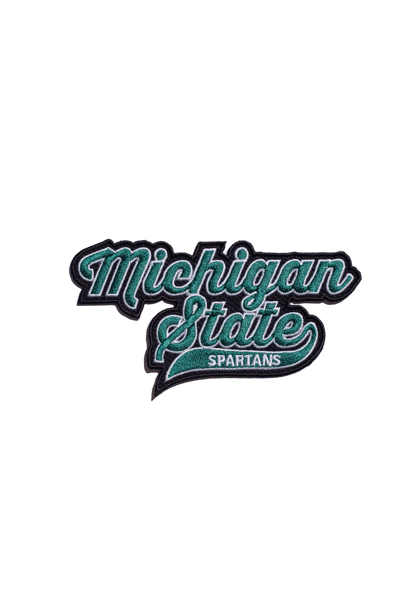 michigan state spartans script embroidered patch 6 inch wide by 3 inch tall in spartan green white and black – official msu iron-on patch for apparel and accessories by soundoff