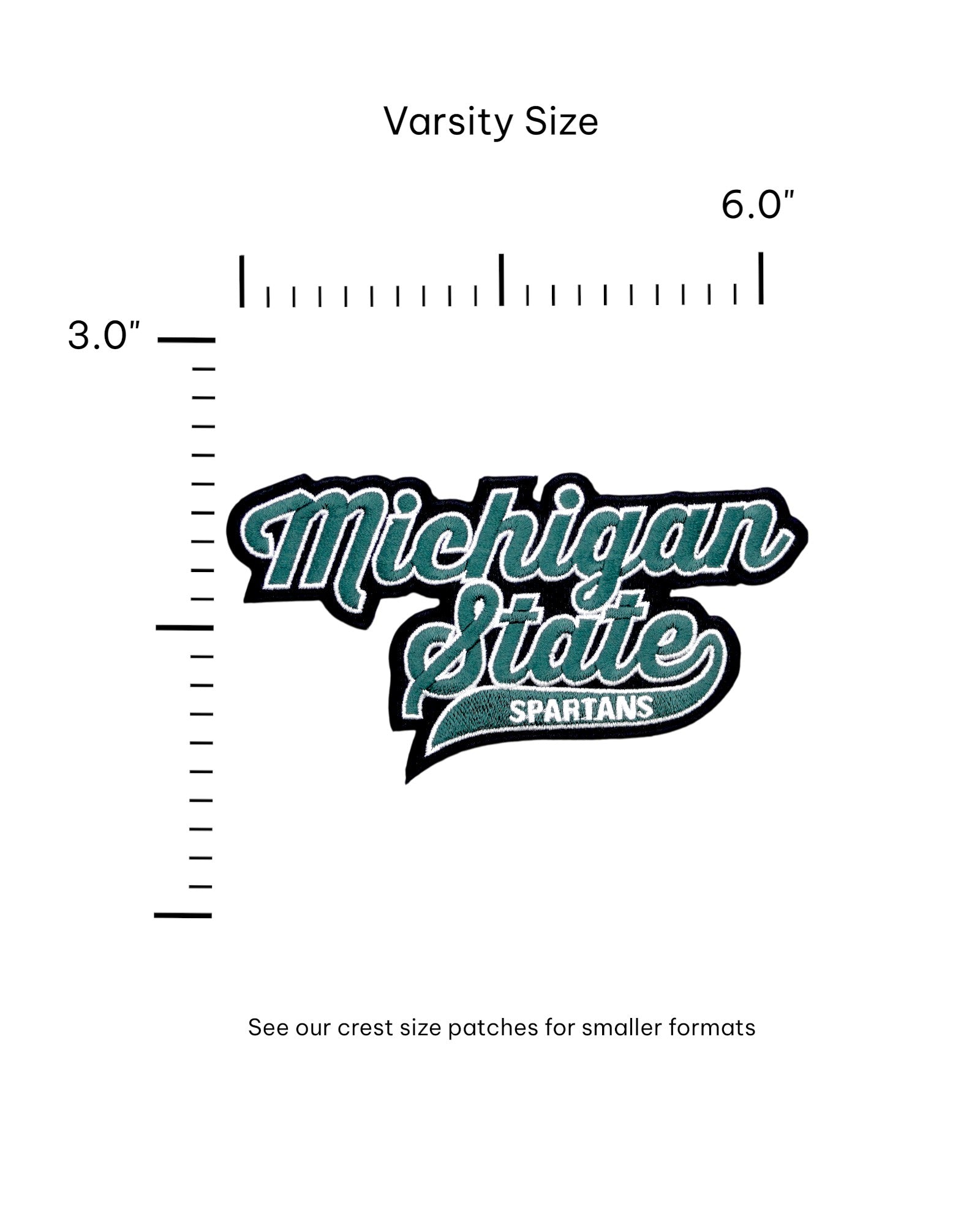 michigan state spartans script embroidered patch 6 inch wide by 3 inch tall in spartan green white and black – official msu iron-on patch for apparel and accessories by soundoff with size