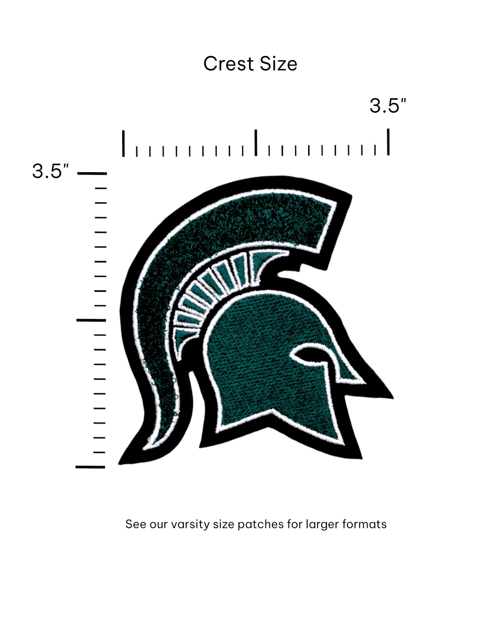 michigan state university spartan helmet chenille and embroidered iron-on crest patch front view in green white and black by soundoff with size