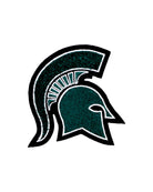 michigan state university spartan helmet chenille and embroidered iron-on crest patch front view in green white and black by soundoff