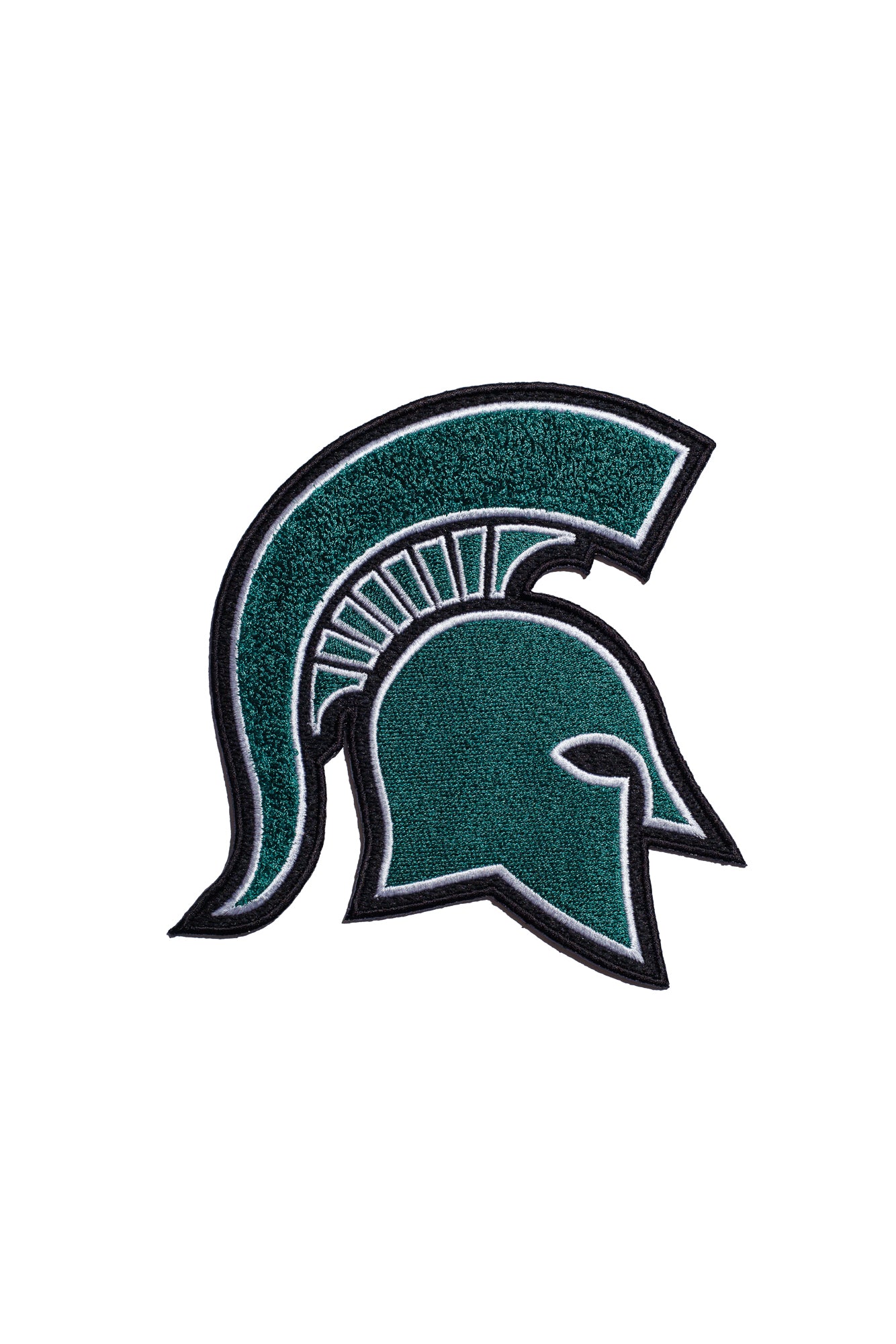 michigan state university spartan helmet chenille and embroidered iron-on patch front view in green white and black by soundoff