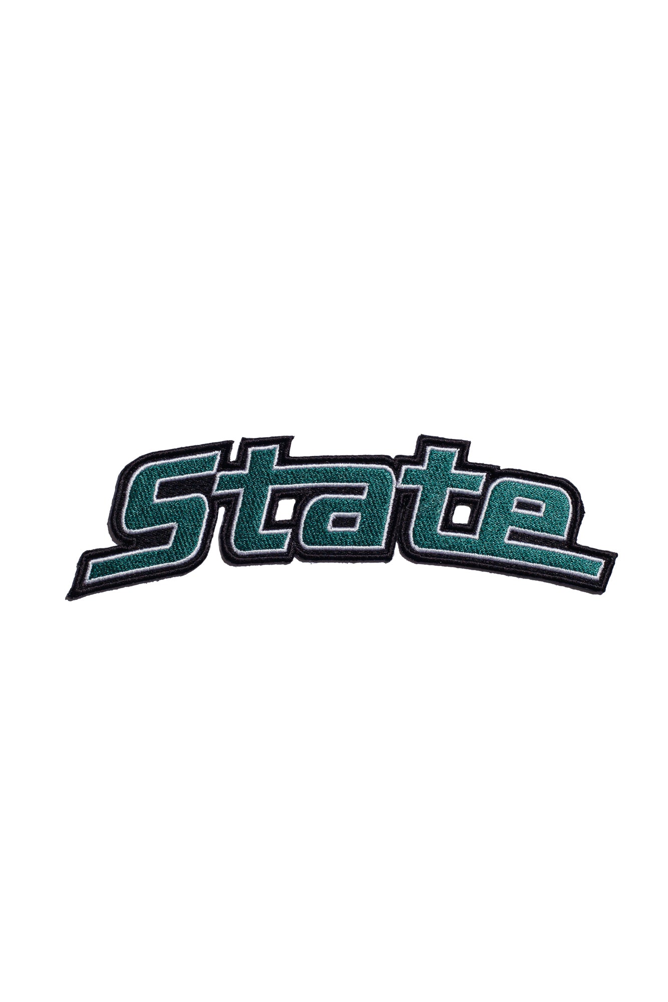 michigan state university “state” embroidered patch 7.0 x 2.0 inch front view in spartan green and white – officially licensed msu spartans gear by soundoff