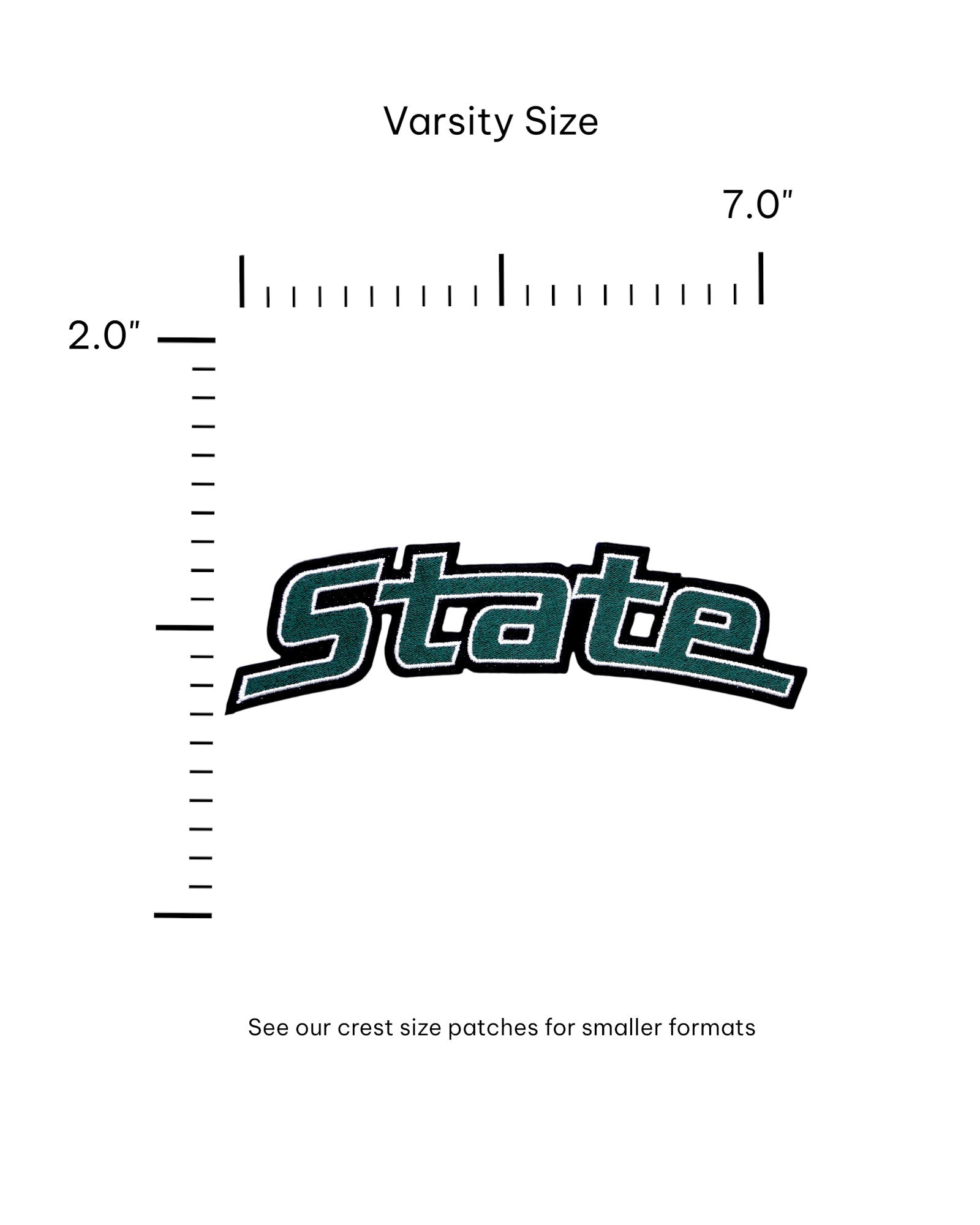 michigan state university “state” embroidered patch 7.0 x 2.0 inch front view in spartan green and white – officially licensed msu spartans gear by soundoff with size