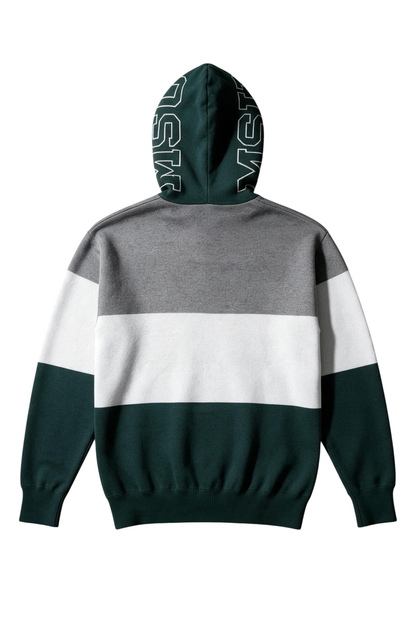 Michigan State Varsity Tri Stripe Hooded Knit Sweater with white MSU Outline graphic on pine green hood by SOUNDOFF - back