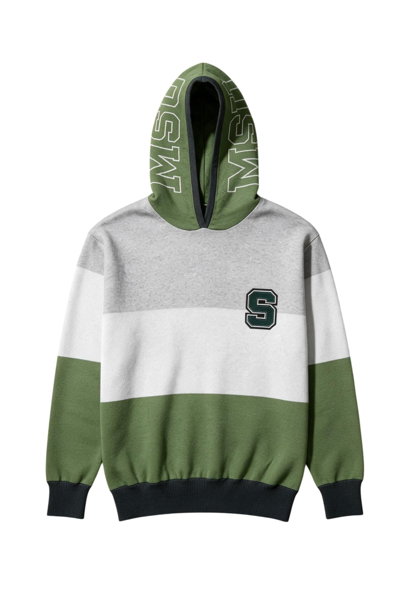Michigan State Varsity Tri Stripe Hooded Knit Sweater with white MSU Outline graphic on grass green hood by SOUNDOFF - front