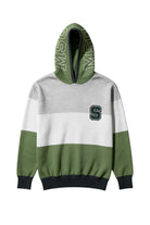 Michigan State Grass Green Varsity Tri Stripe Hooded Knit Sweater with white MSU Outline graphic on grass green hood by SOUNDOFF - front