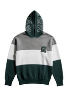 Michigan State Pine Green Varsity Tri Stripe Hooded Knit Sweater with white MSU Outline graphic on pine green hood by SOUNDOFF - front