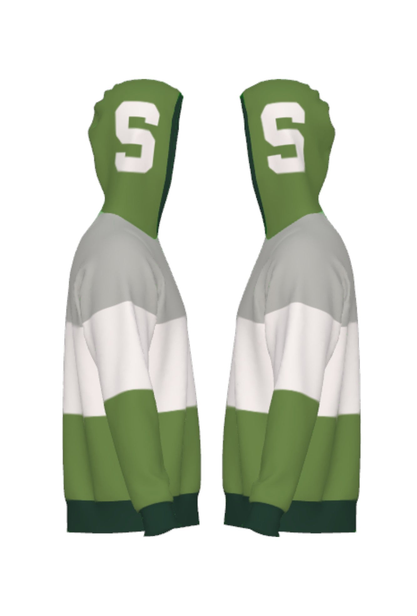 Michigan State Varsity Tri Stripe Hooded Knit Sweater with white Spartan S graphic on grass green hood by SOUNDOFF - side