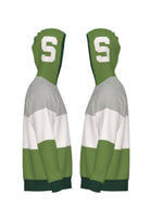 Michigan State Grass Green Varsity Tri Stripe Hooded Knit Sweater with white Block S graphic on grass green hood by SOUNDOFF - side