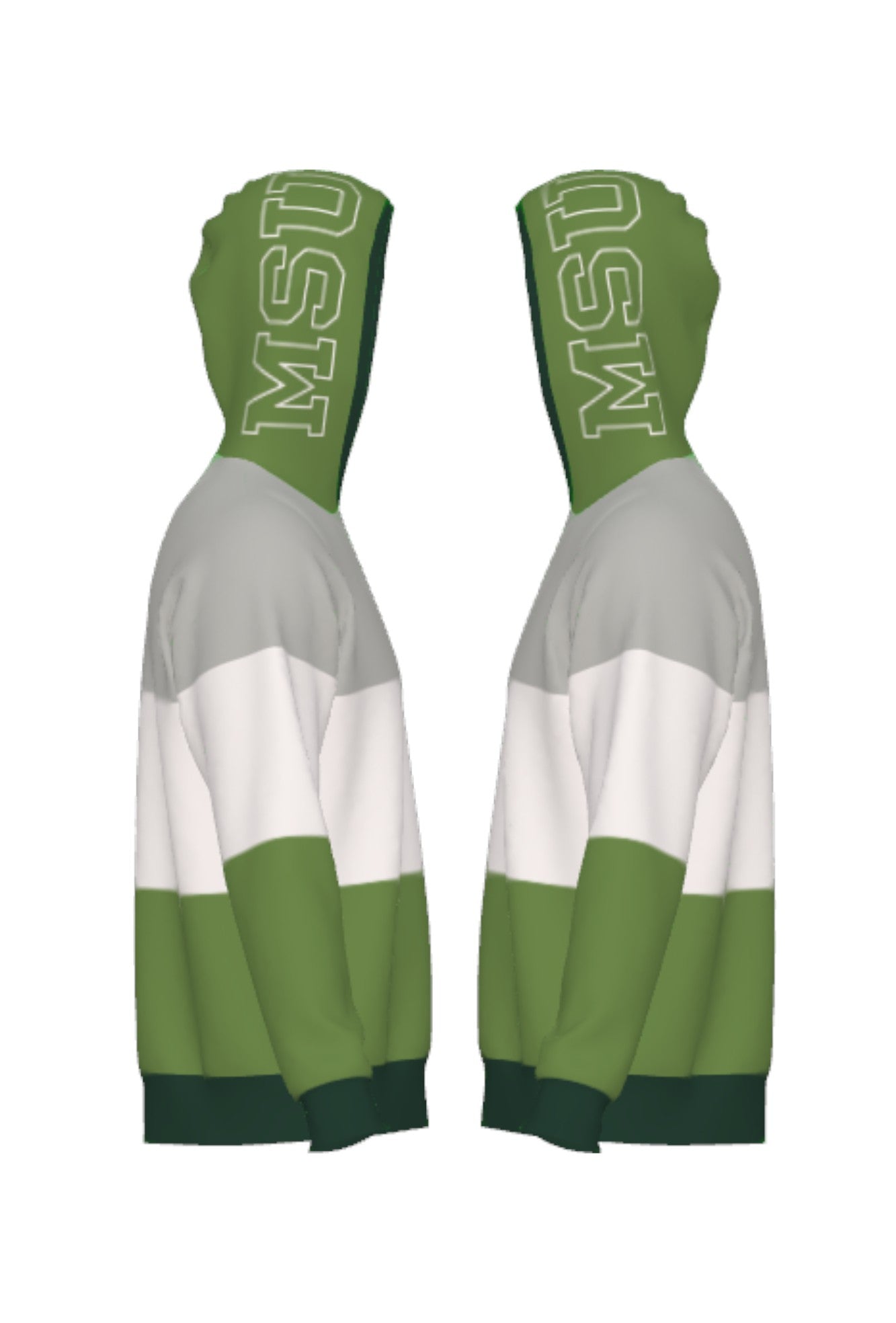 Michigan State Varsity Tri Stripe Hooded Knit Sweater with white MSU Outline graphic on grass green hood by SOUNDOFF - side