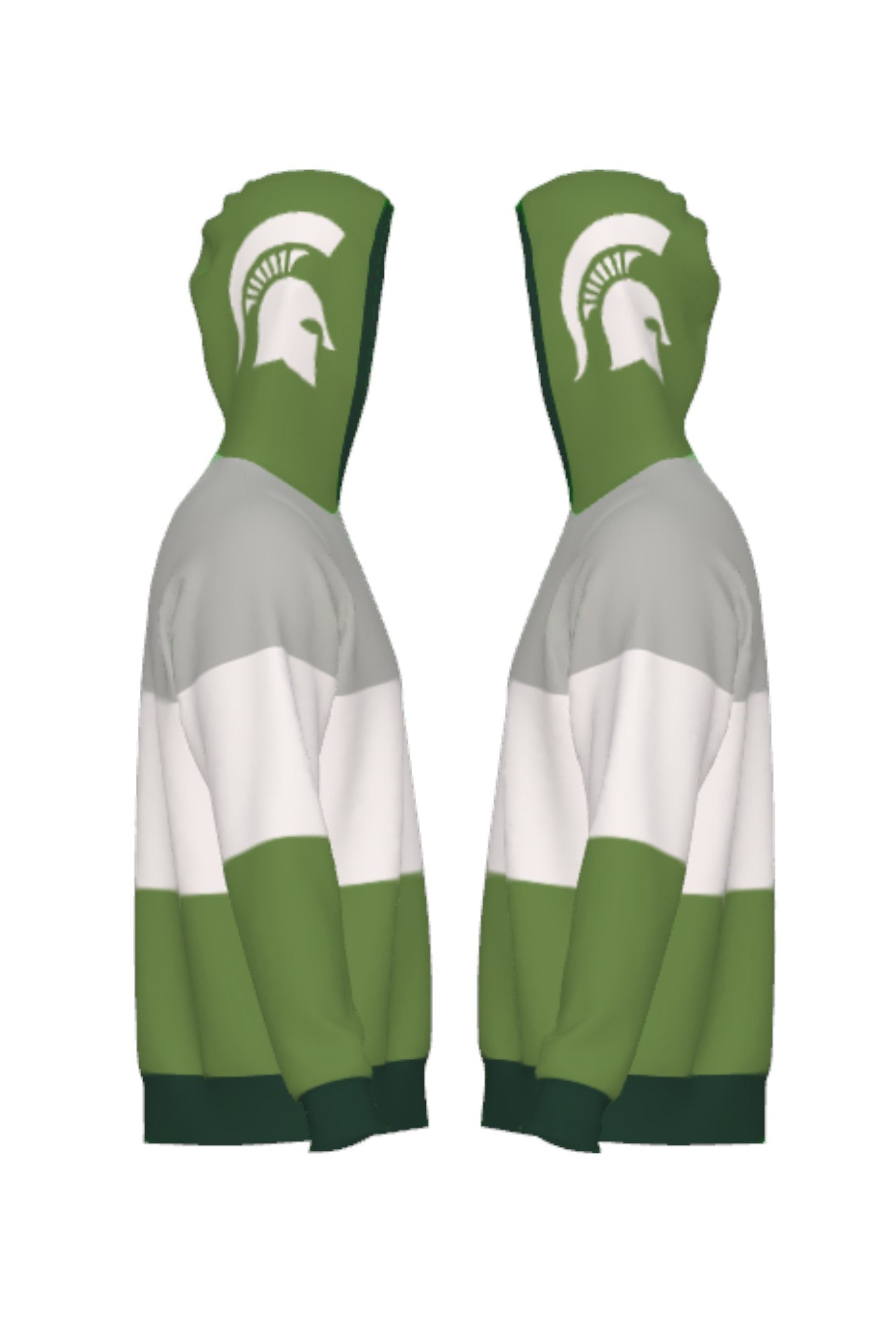 Michigan State Varsity Tri Stripe Hooded Knit Sweater with white Spartan Helmet graphic on grass green hood by SOUNDOFF - side