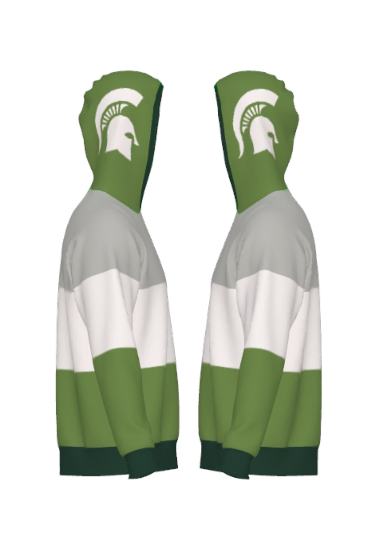 Michigan State Grass Green Varsity Tri Stripe Hooded Knit Sweater with white Spartan Helmet graphic on grass green hood by SOUNDOFF - side