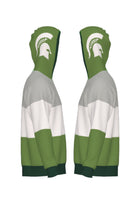Michigan State Grass Green Varsity Tri Stripe Hooded Knit Sweater with white Spartan Helmet graphic on grass green hood by SOUNDOFF - side
