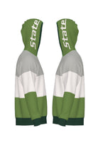 Michigan State Grass Green Varsity Tri Stripe Hooded Knit Sweater with white State script graphic on grass green hood by SOUNDOFF - side