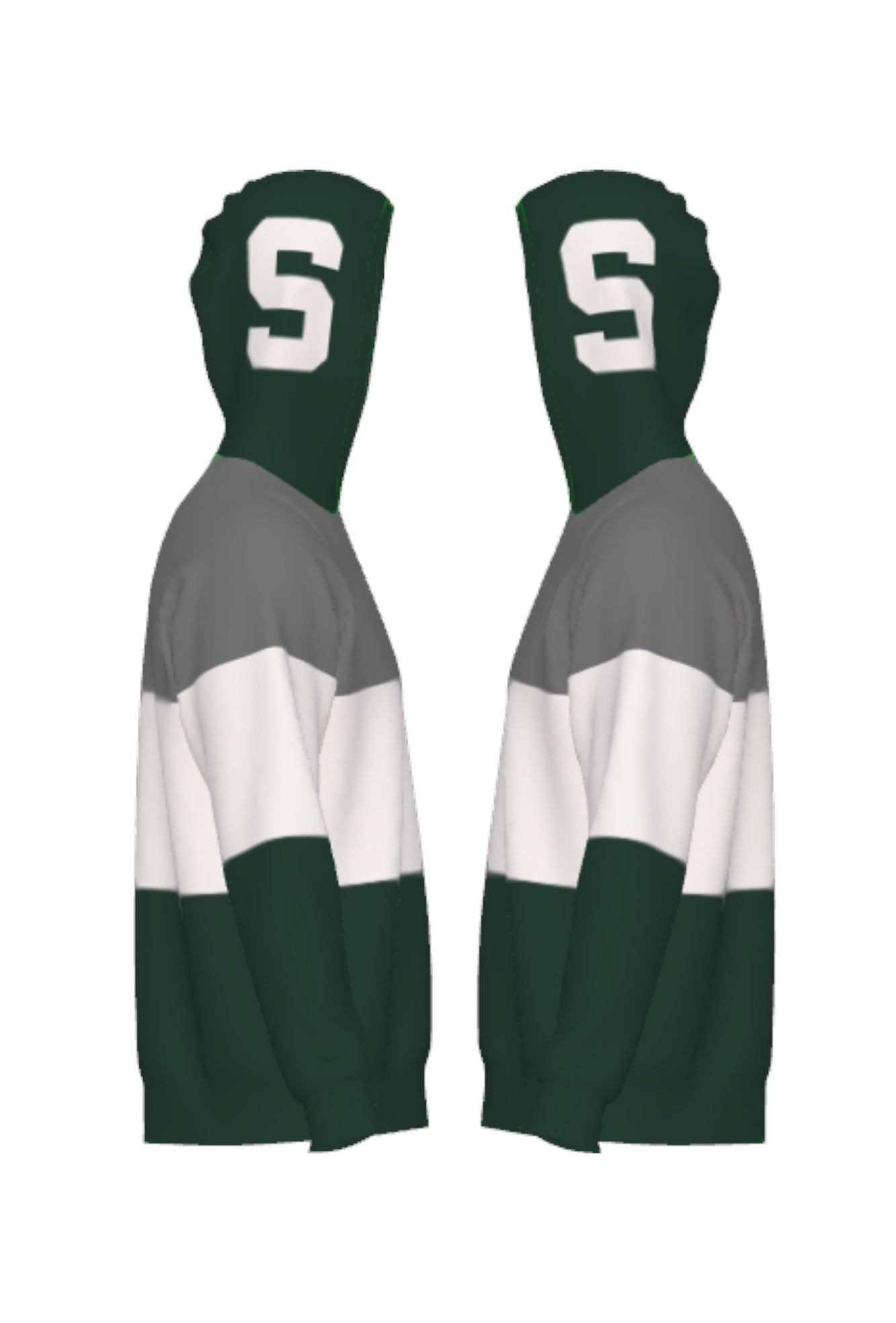 Michigan State Varsity Tri Stripe Hooded Knit Sweater with white Spartan S graphic on pine green hood by SOUNDOFF - side