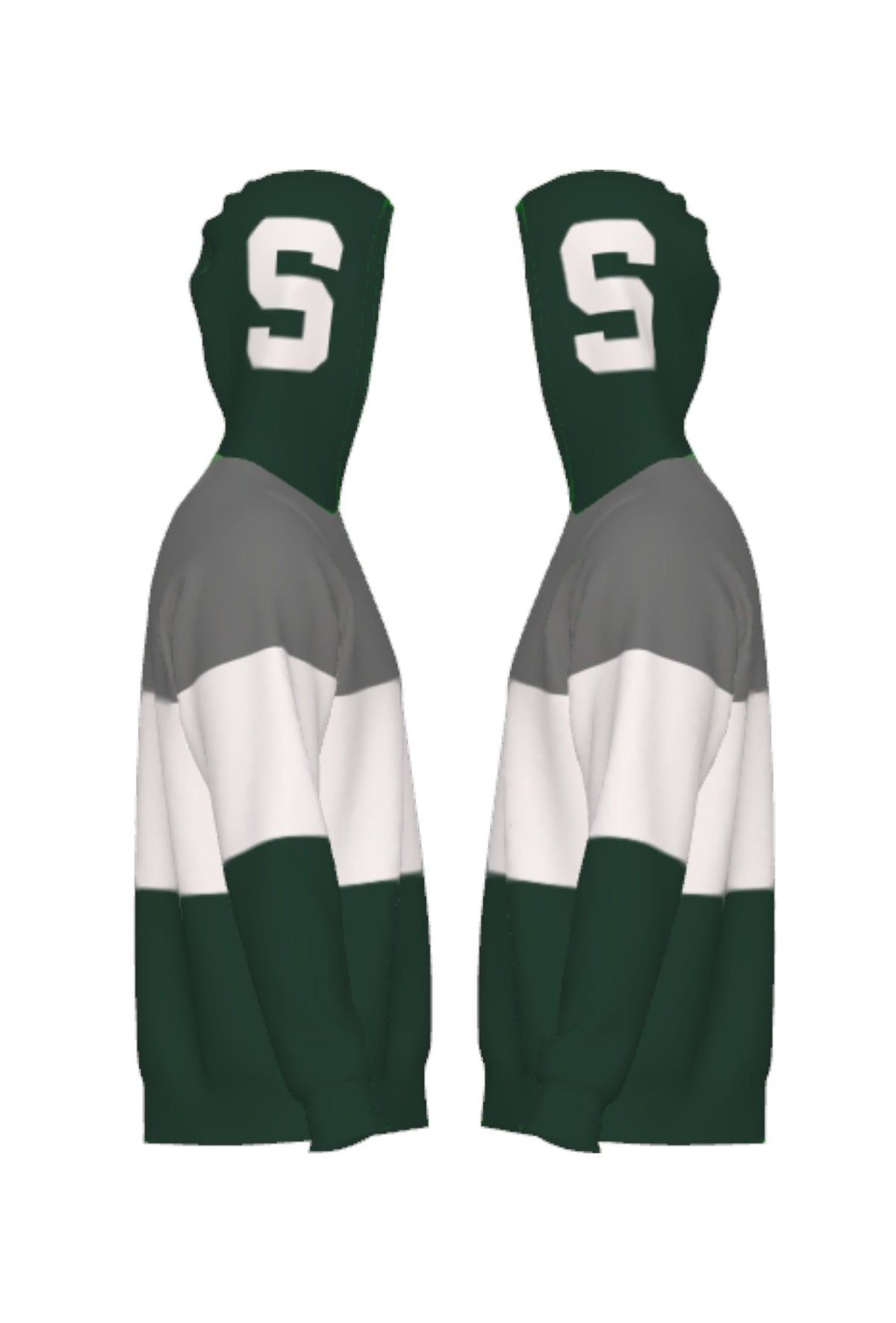 Michigan State Pine Green Varsity Tri Stripe Hooded Knit Sweater with white block S graphic on pine green hood by SOUNDOFF - side