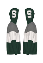 Michigan State Pine Green Varsity Tri Stripe Hooded Knit Sweater with white block S graphic on pine green hood by SOUNDOFF - side