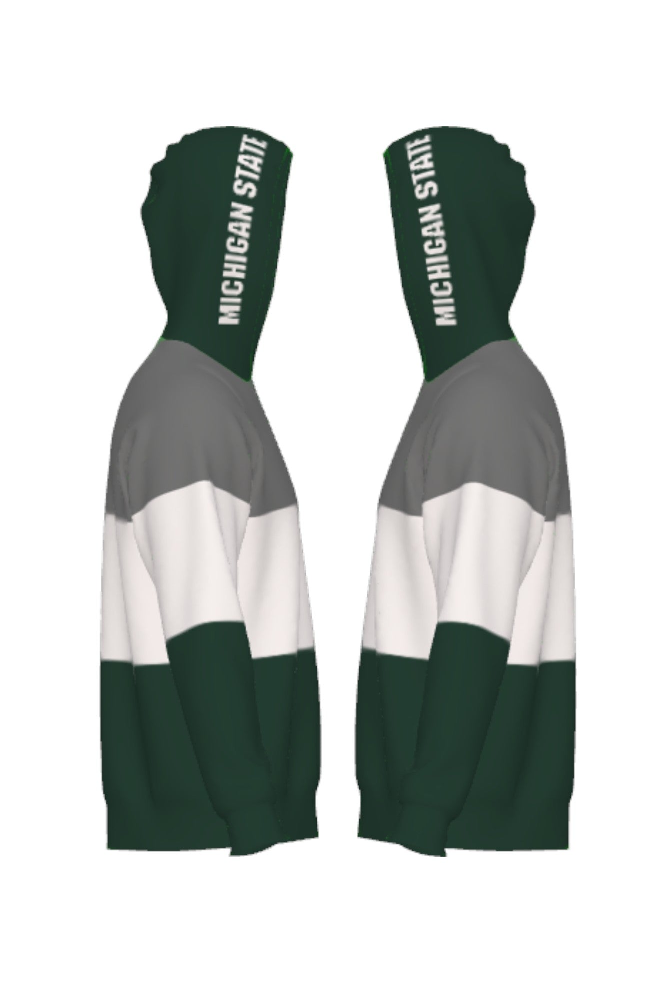 Michigan State Varsity Tri Stripe Hooded Knit Sweater with white Michigan State block graphic on pine green hood by SOUNDOFF - side
