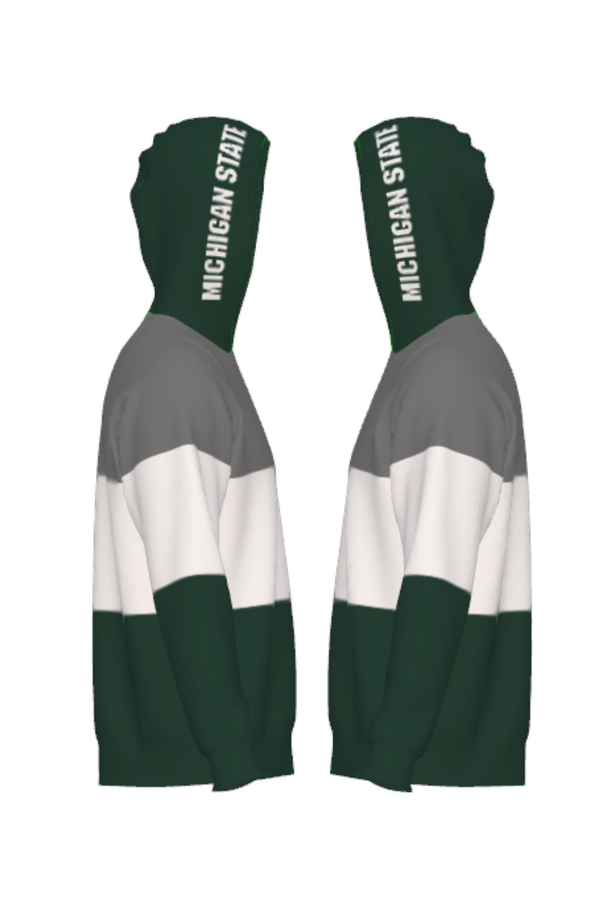 Michigan State Pine Green Varsity Tri Stripe Hooded Knit Sweater with white Michigan State block graphic on pine green hood by SOUNDOFF - side