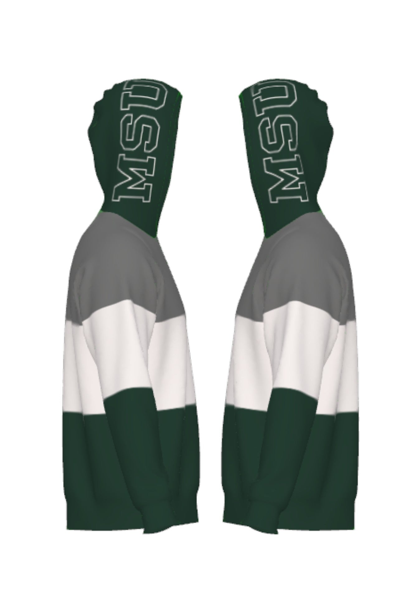 Michigan State Varsity Tri Stripe Hooded Knit Sweater with white MSU Outline graphic on pine green hood by SOUNDOFF - side