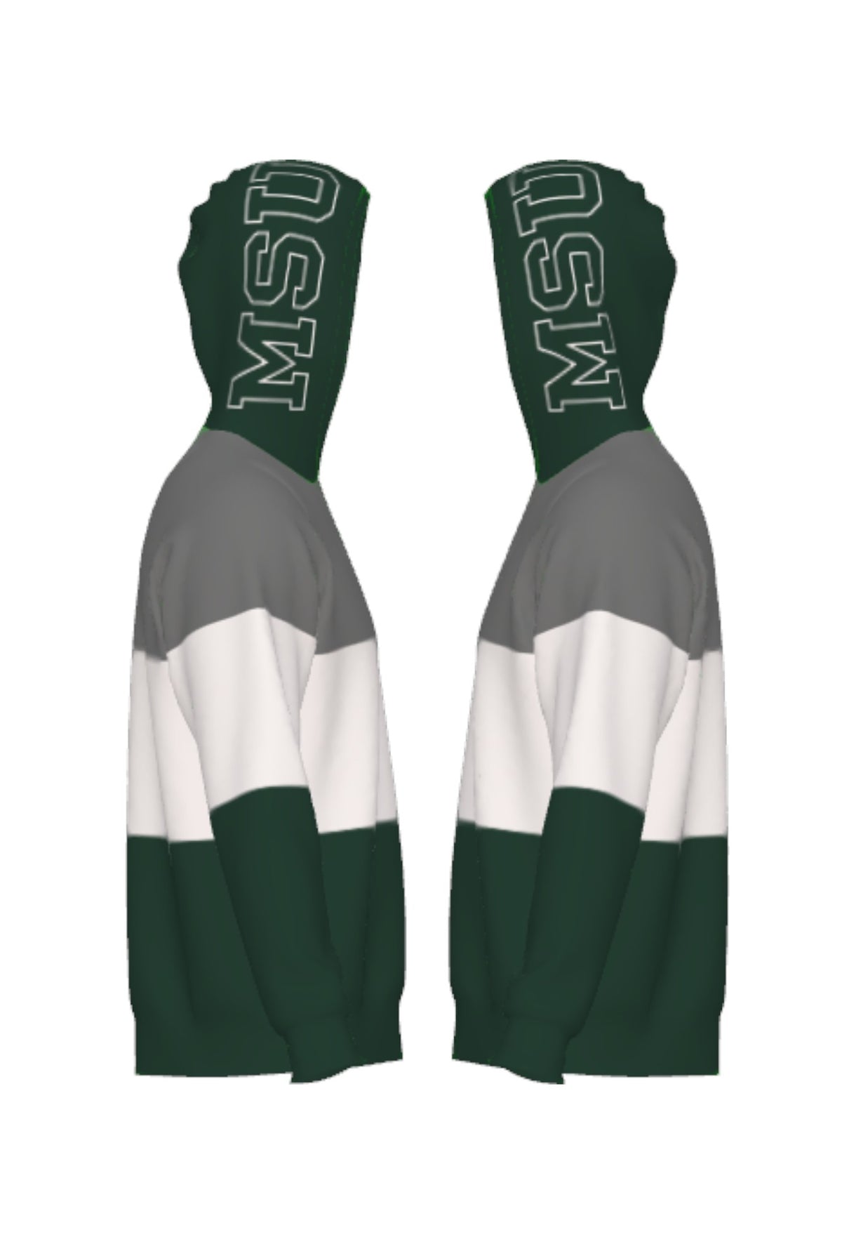 Michigan State Pine Green Varsity Tri Stripe Hooded Knit Sweater with white MSU Outline graphic on pine green hood by SOUNDOFF - side