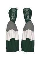 Michigan State Pine Green Varsity Tri Stripe Hooded Knit Sweater with white MSU Outline graphic on pine green hood by SOUNDOFF - side