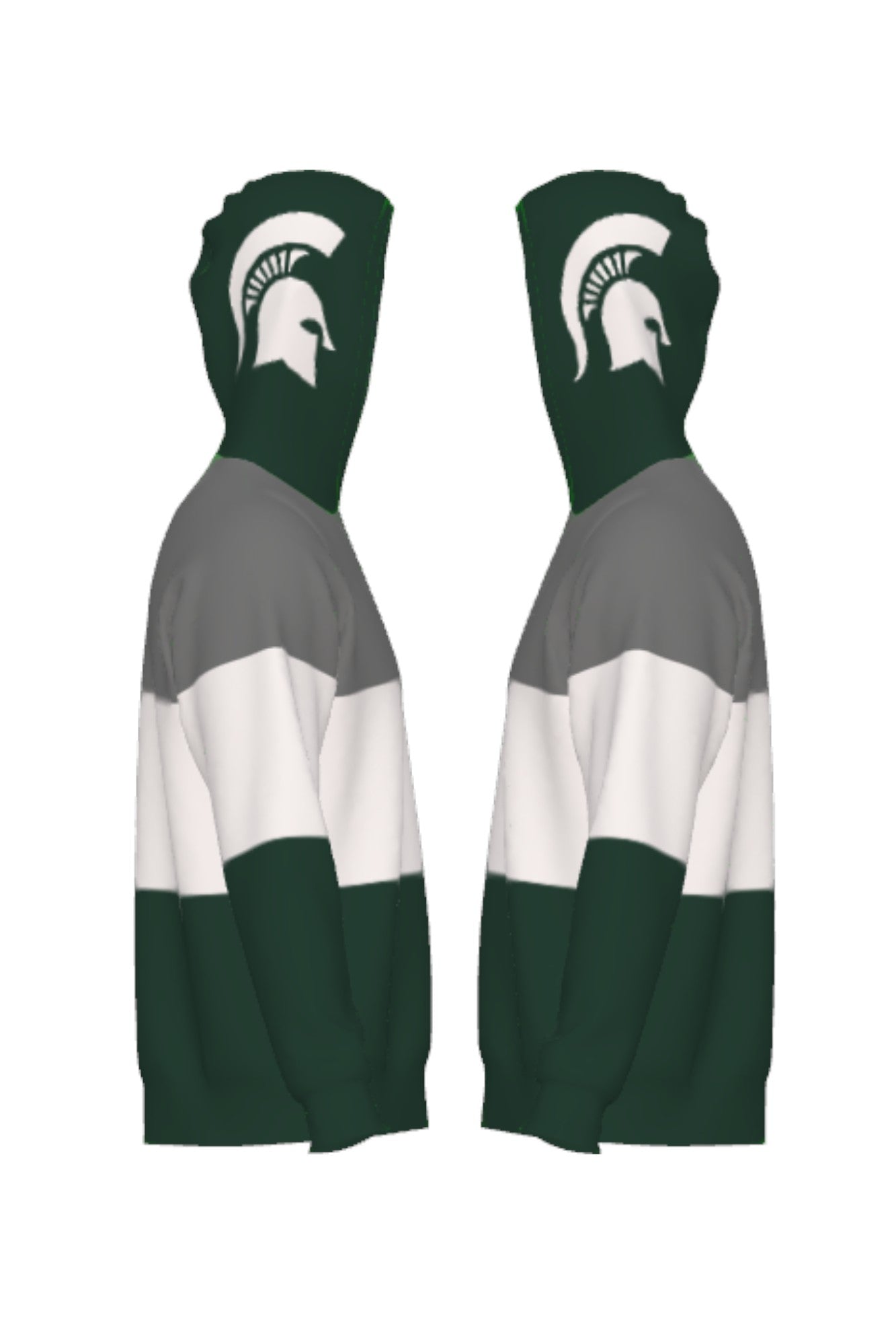 Michigan State Varsity Tri Stripe Hooded Knit Sweater with white Spartan Helmet graphic on pine green hood by SOUNDOFF - side