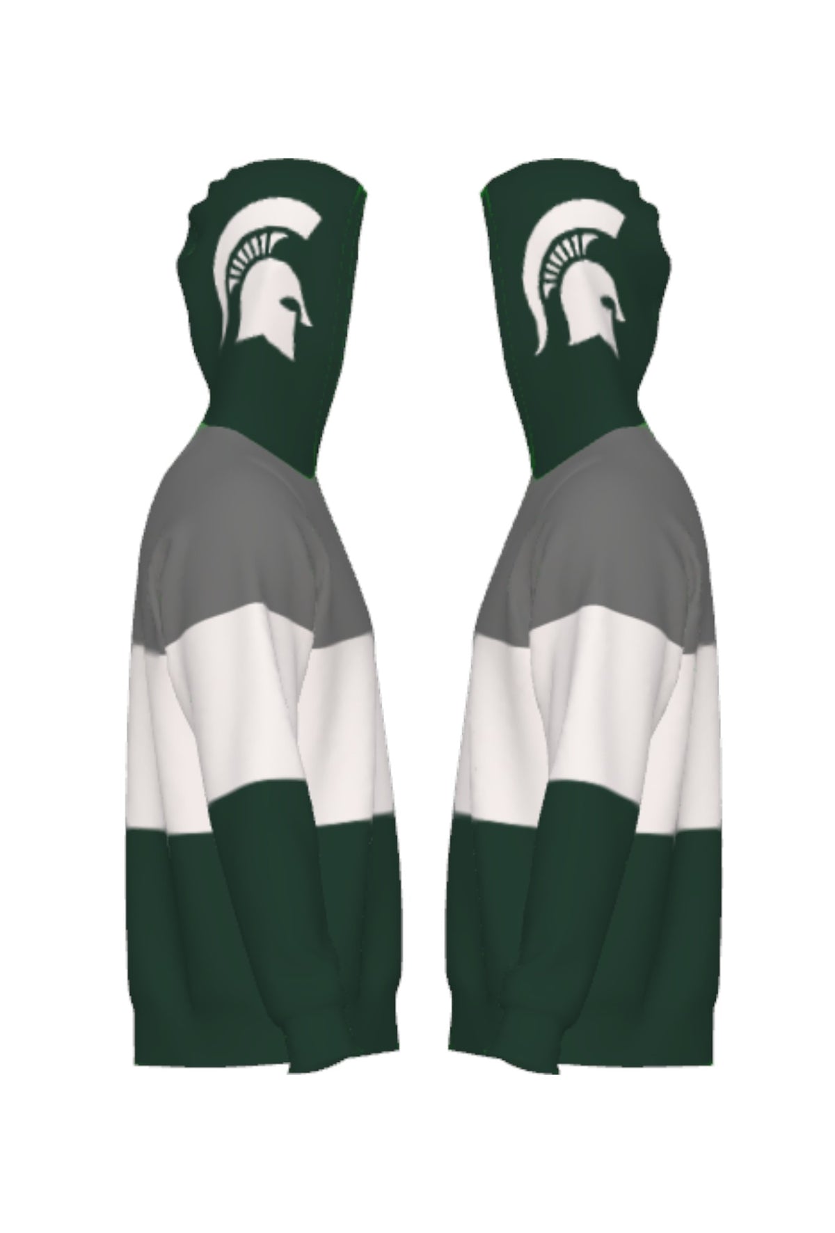 Michigan State Pine Green Varsity Tri Stripe Hooded Knit Sweater with white Spartan Helmet graphic on pine green hood by SOUNDOFF - side