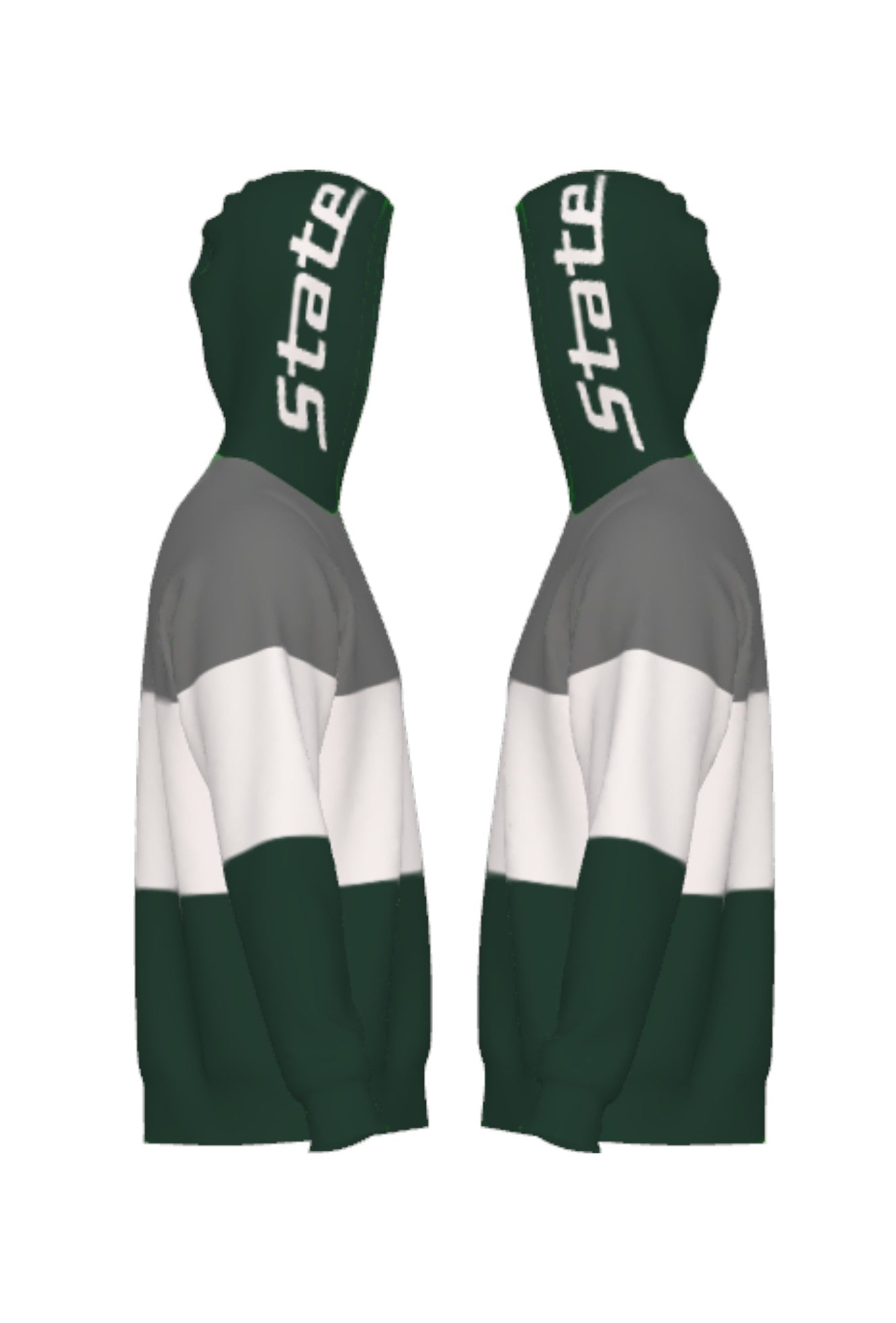 Michigan State Varsity Tri Stripe Hooded Knit Sweater with white State Script graphic on pine green hood by SOUNDOFF - side