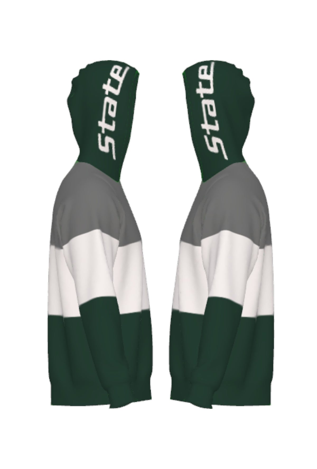Michigan State Pine Green Varsity Tri Stripe Hooded Knit Sweater with white State Script graphic on pine green hood by SOUNDOFF - side