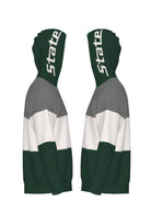 Michigan State Pine Green Varsity Tri Stripe Hooded Knit Sweater with white State Script graphic on pine green hood by SOUNDOFF - side