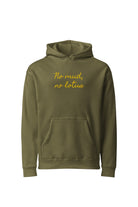 Front view of a heavyweight army green hoodie featuring the phrase "No mud, no lotus" stacked in elegant metallic gold embroidery across the center chest.