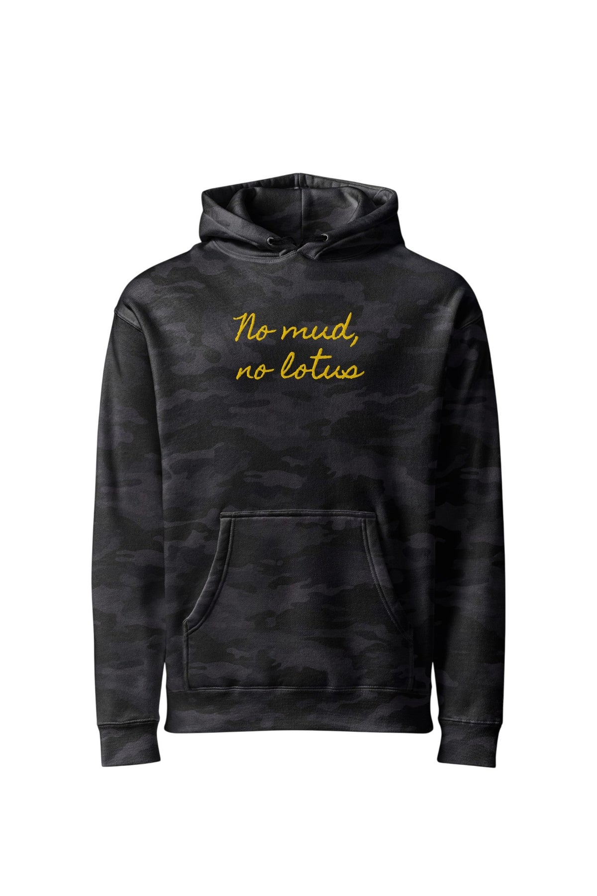 Front view of a modern black camo heavyweight hoodie displaying stacked "No mud, no lotus" metallic gold cursive embroidery on the center chest.