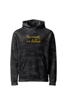 Front view of a modern black camo heavyweight hoodie displaying stacked "No mud, no lotus" metallic gold cursive embroidery on the center chest.