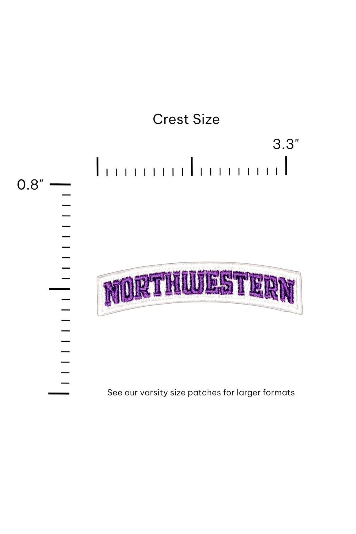 Northwestern University Arched Classic Purple on White Embroidered Crest Patch with Purple NORTHWESTERN lettering and White trim, 3.3 inches wide by 0.8 inches tall – SOUNDOFF FRONT - size