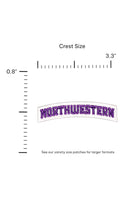 Northwestern University Arched Classic Purple on White Embroidered Crest Patch with Purple NORTHWESTERN lettering and White trim, 3.3 inches wide by 0.8 inches tall – SOUNDOFF FRONT - size
