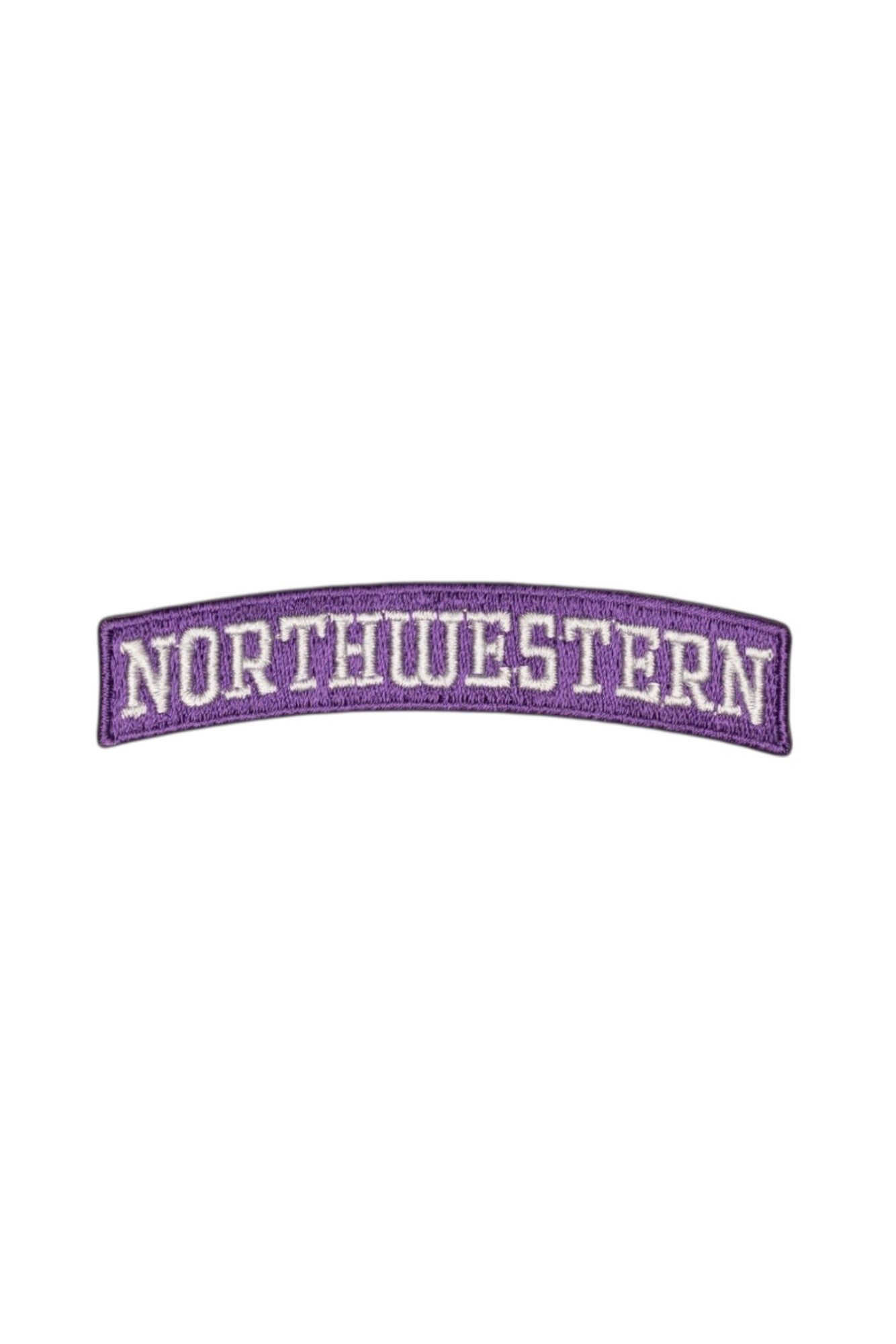 Northwestern University Arched Classic White Embroidered Crest Patch in Purple and White with NORTHWESTERN lettering, 3.3 inches wide by 0.8 inches tall SOUNDOFF - FRONT