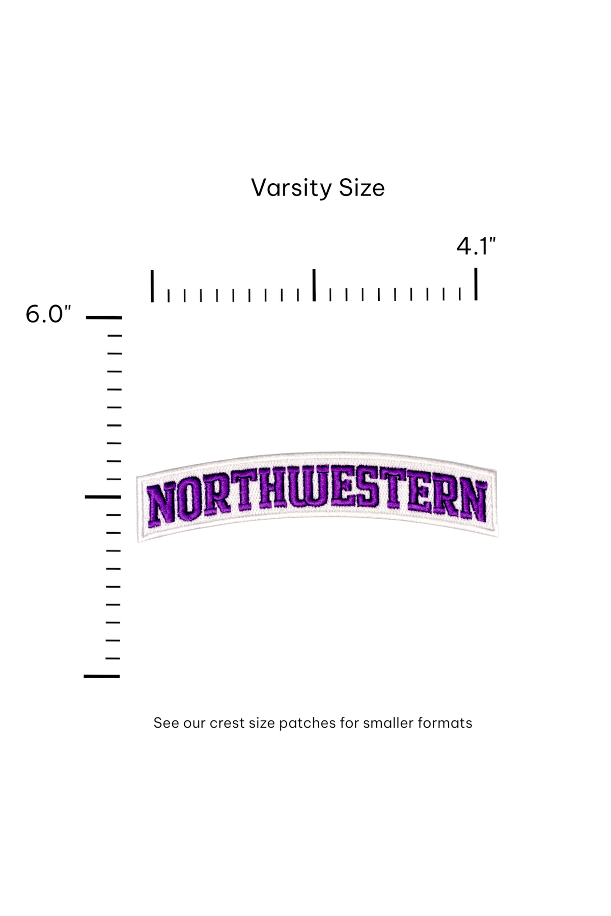 Northwestern University Arched Classic Purple on White Embroidered Varsity Patch with Purple NORTHWESTERN lettering and White trim, 6.0 inches wide by 1.4 inches tall – SOUNDOFF FRONT - size