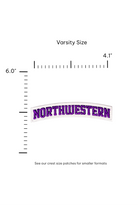 Northwestern University Arched Classic Purple on White Embroidered Varsity Patch with Purple NORTHWESTERN lettering and White trim, 6.0 inches wide by 1.4 inches tall – SOUNDOFF FRONT - size