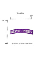 Northwestern University Arched Classic White Embroidered Crest Patch in Purple and White with NORTHWESTERN lettering, 3.3 inches wide by 0.8 inches tall SOUNDOFF - FRONT - size