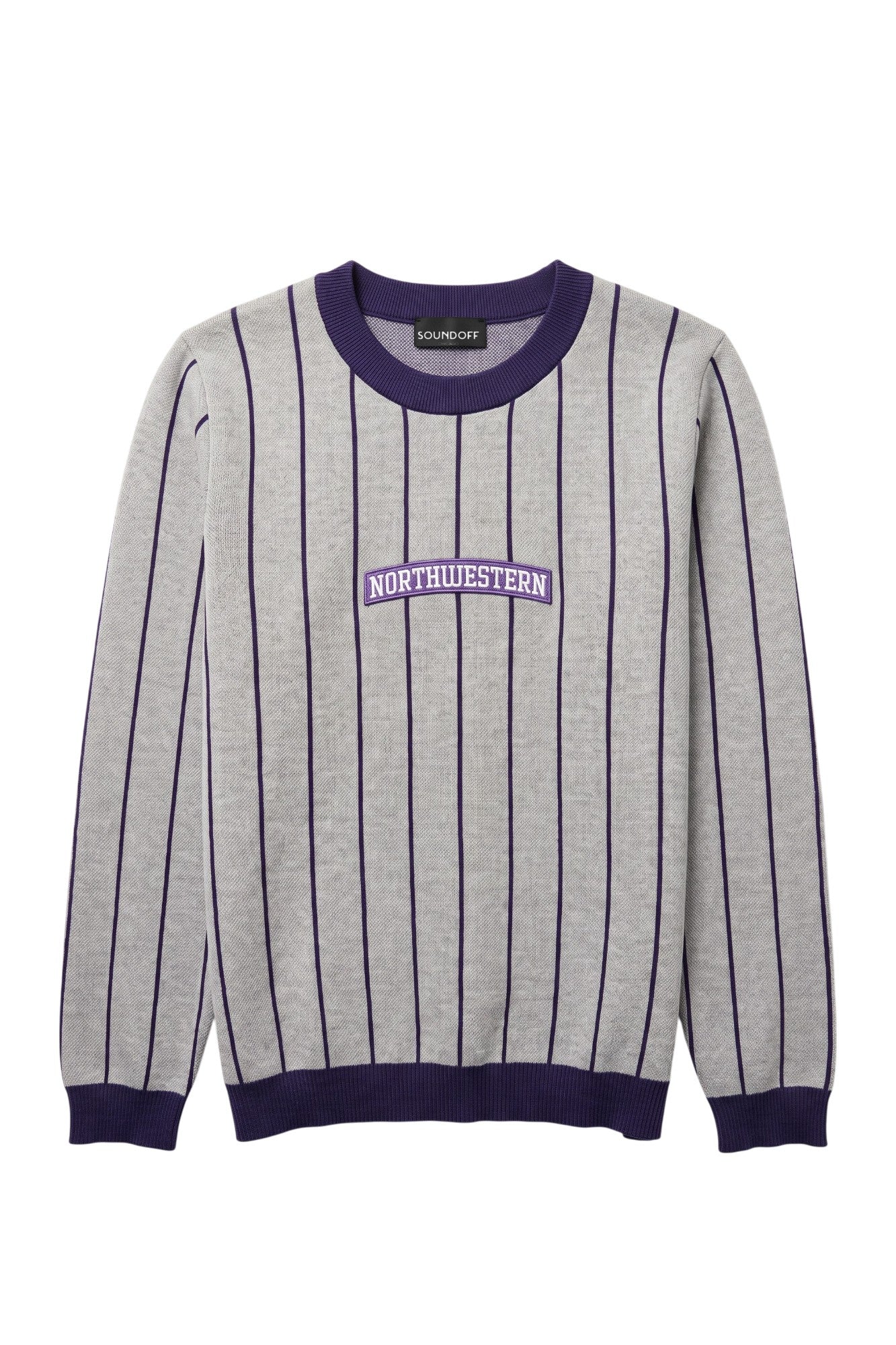Light grey and purple Northwestern University heritage pinstripe classic crewneck knit sweater with arched purple varsity patch with NORTHWESTERN embroidered in white sewn onto the center front chest.