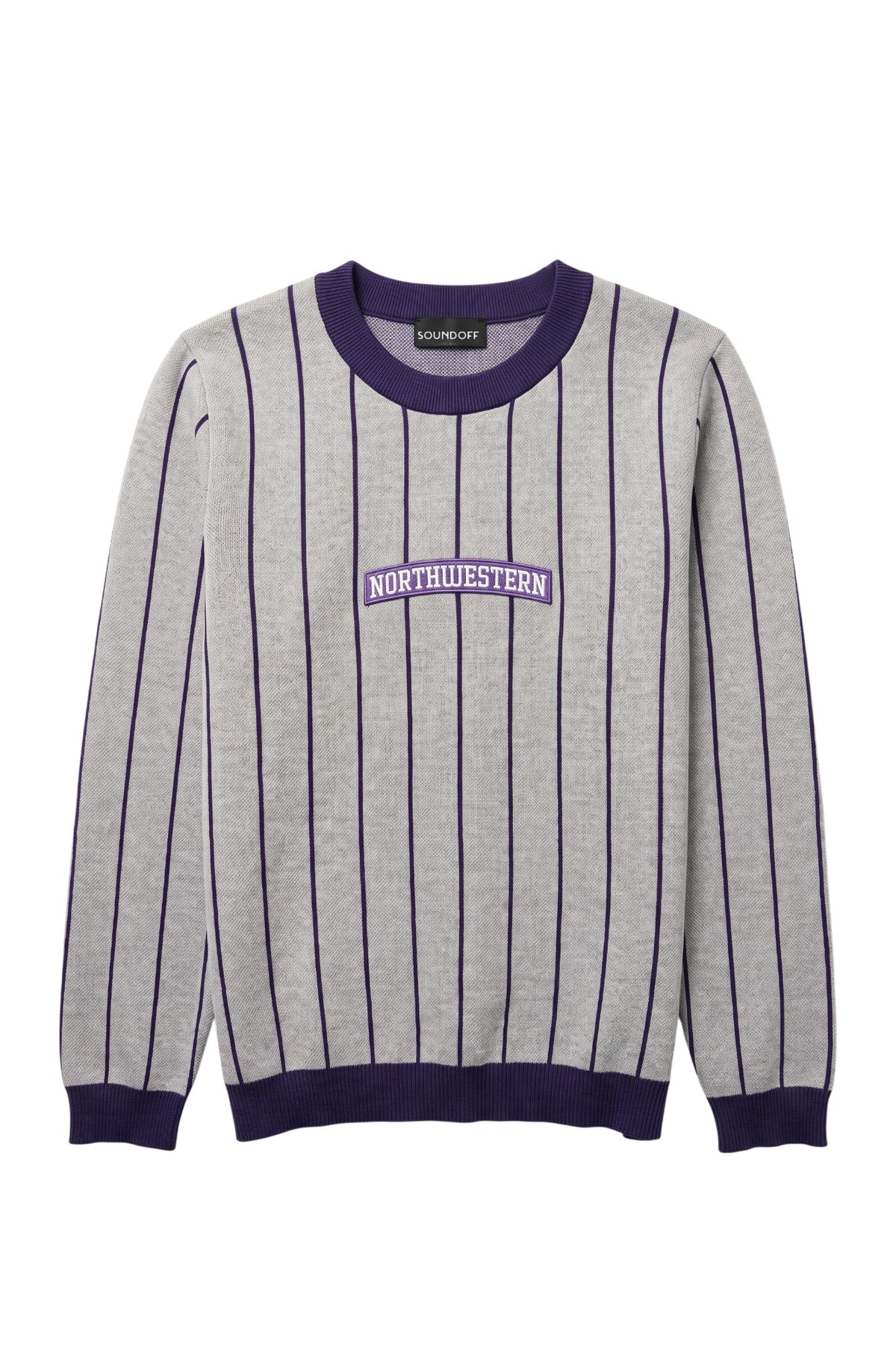 Light grey and purple Northwestern University heritage pinstripe classic crewneck knit sweater with arched purple varsity patch with NORTHWESTERN embroidered in white sewn onto the center front chest.