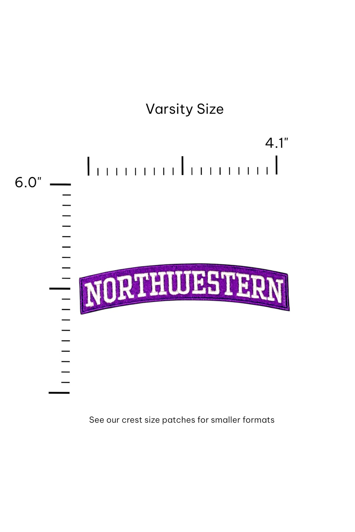Northwestern University Arched Classic White on Purple Embroidered Varsity Patch with White NORTHWESTERN lettering, 6.0 inches wide by 1.4 inches tall – SOUNDOFF FRONT - size
