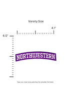Northwestern University Arched Classic White on Purple Embroidered Varsity Patch with White NORTHWESTERN lettering, 6.0 inches wide by 1.4 inches tall – SOUNDOFF FRONT - size