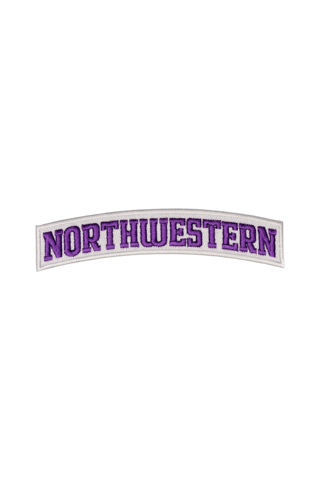Northwestern University Arched Classic Purple on White Embroidered Varsity Patch with Purple NORTHWESTERN lettering and White trim, 6.0 inches wide by 1.4 inches tall – SOUNDOFF FRONT