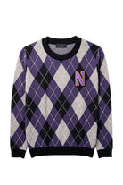Purple, grey, white, and black Northwestern University argyle classic crewneck knit sweater with purple and gold Gothic Block "N" embroidered crest patch sewn onto the left chest.