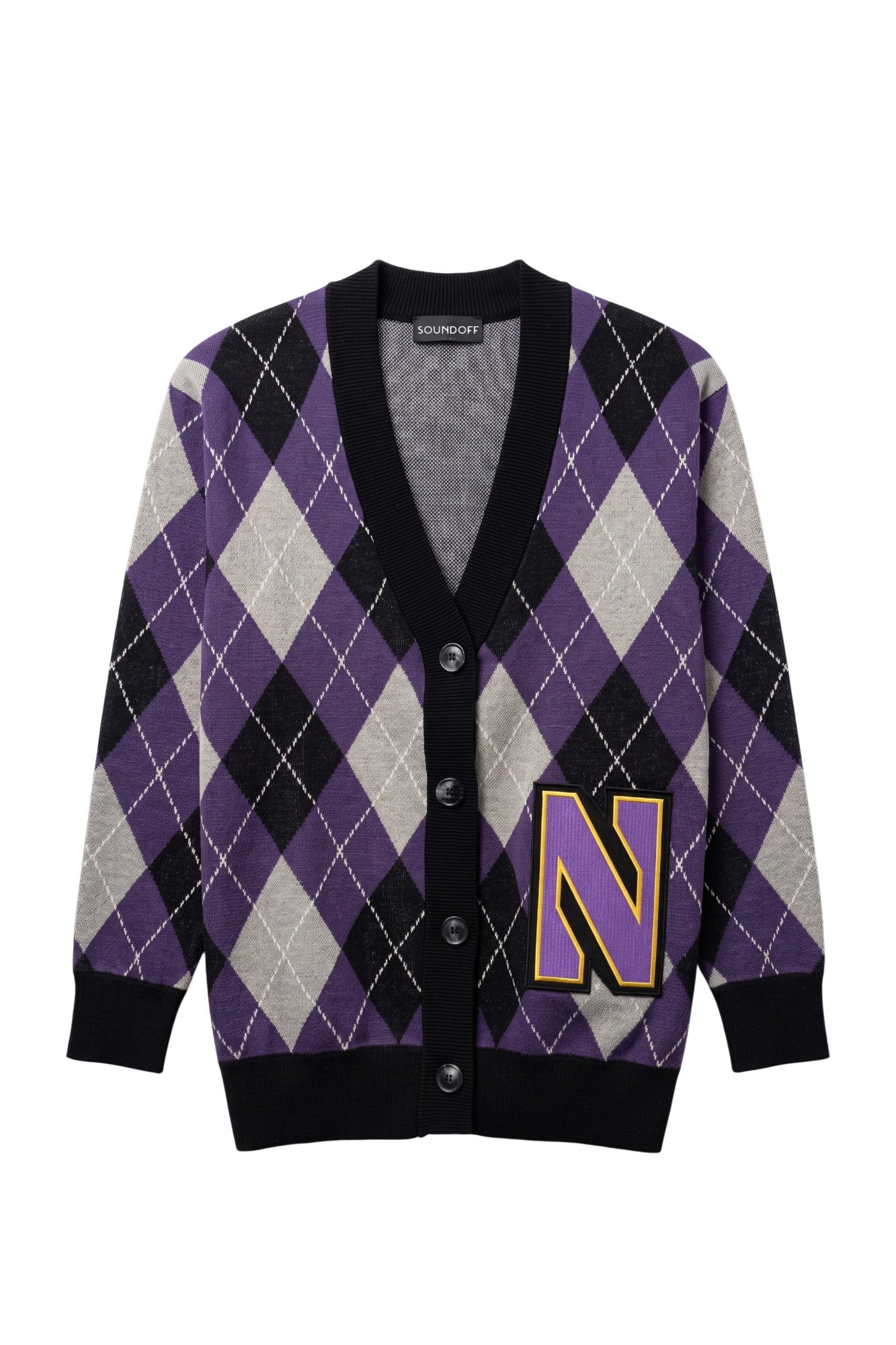 Purple, grey, white, and black Northwestern University argyle cardigan knit sweater with purple and gold Gothic Block "N" embroidered varsity patch sewn onto the lower front left.