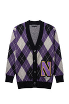 Purple, grey, white, and black Northwestern University argyle cardigan knit sweater with purple and gold Gothic Block "N" embroidered varsity patch sewn onto the lower front left.