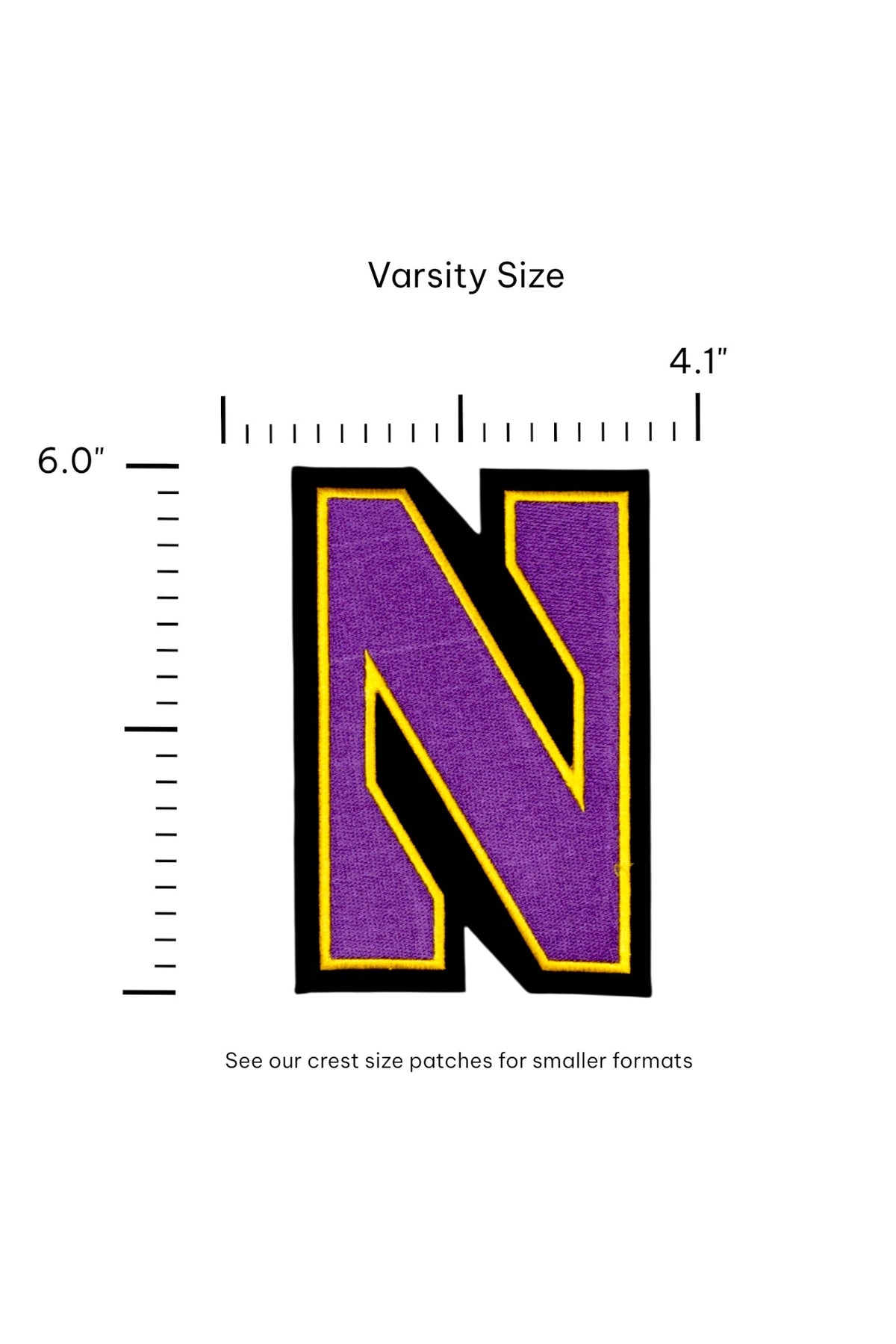 Northwestern University Gothic Block N Embroidered Varsity Patch in Purple with Gold and Black trim, 4.1 inches wide by 6.0 inches tall – SOUNDOFF FRONT  size