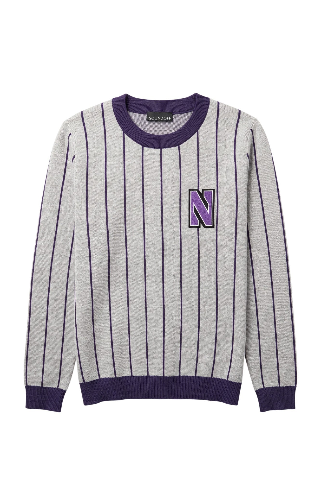 Light grey Northwestern University heritage pinstripe classic crewneck knit sweater with purple pinstripe detail and purple and white Block "N" embroidered crest patch sewn onto left chest.